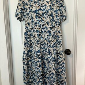 SHEIN Blue and White Puff Sleeve Midi Dress